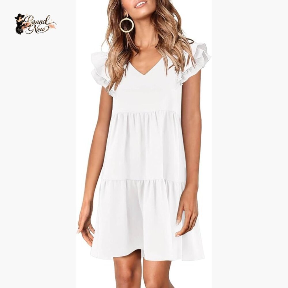 Summer Babydoll Dress Ruffle Cap Sleeve V-Neck Flowy Swing Mini Sundress